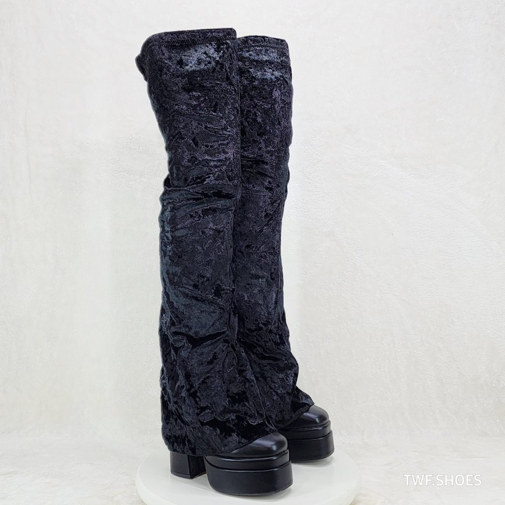 Unique Thigh High Black Velvet Fold over Skirted Chunky Heel Platform Boots - Picture 11 of 17